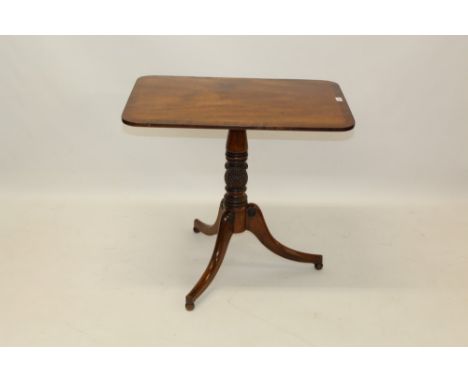 Regency mahogany crossbanded occasional table with rounded rectangular tilt-top on acanthus carved column and swept tripod ba