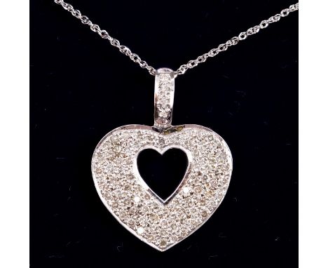 White gold (9ct) diamond heart pendant with pavé set brilliant cut diamonds, estimated to weigh approximately 0.75 carats in 