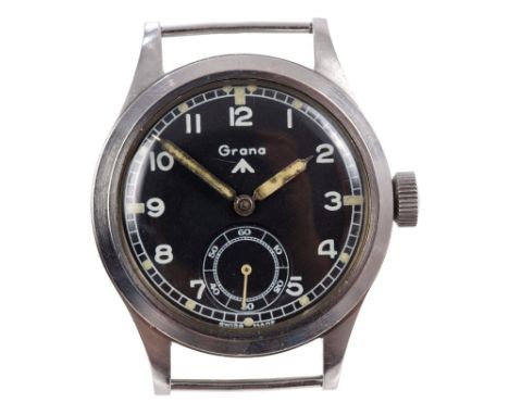 A rare Second World War British Military Issue Grana W.W.W. stainless steel manual wristwatch, the circular black dial bearin