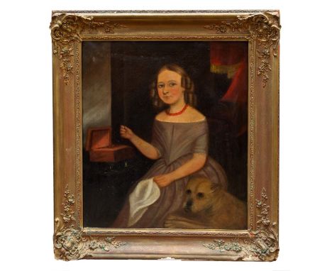 Mid-19th century English School oil on canvas - naive portrait of Martha Ellen Welsby aged four and a half years, sitting sew