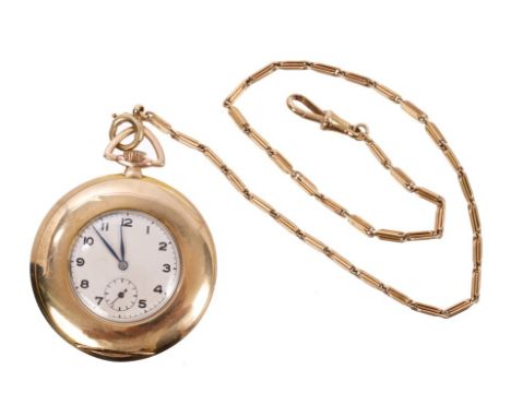 1920s gentlemen's gold (9ct) half hunter-style dress pocket watch with Swiss fifteen jewel button-wind movement, the circular