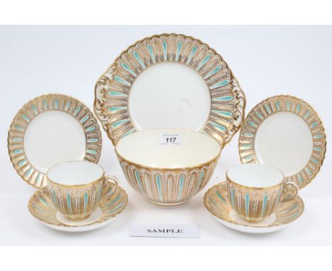Victorian porcelain tea service with gilt and turquoise decoration - comprising twelve cups, twelve saucers, twelve tea plate