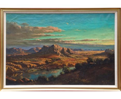 Tinus De Jongh (1885 - 1942), oil on canvas - South African landscape, signed, in gilt frame, 56cm x 84cm CONDITION REPORT Ov