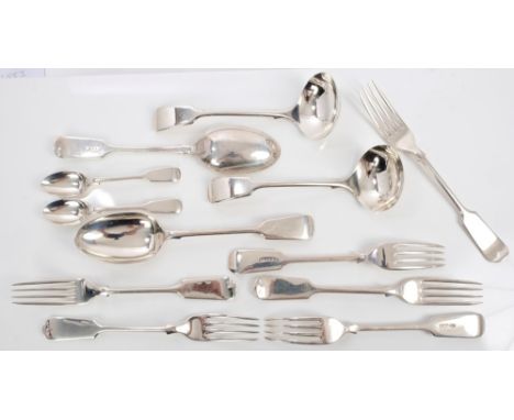 Selection of late Victorian silver fiddle pattern flatware - including six dinner forks, pair tablespoons, pair ladles and tw