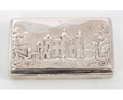 William IV silver snuff box of rectangular form, with engine-turned decoration, gilt interior and hinged cover with cast imag