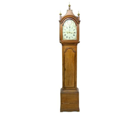 George III longcase clock with eight day movement, 12 inch white enamel breakarch dial with gold painted urn spandrels and su