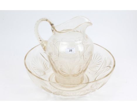 Good quality late Victorian cut glass wash jug and bowl with fan and diamond cut decoration, 34cm high