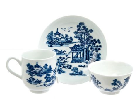 18th century Worcester blue and white 'Man in the Pavilion' pattern trio, circa 1760 CONDITION REPORT Coffee cup - minute chi
