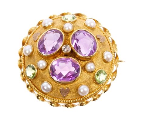 Gold (18ct) diamond and gem set brooch, the circular dome-shaped plaque centred with an old cut diamond, three oval cut ameth