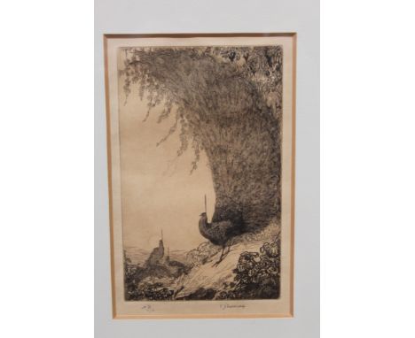 Edward Julius Detmold (1883 - 1957), signed etching - Peacocks, in glazed ebonised frame, 20.5cm x 13cm