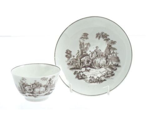 18th century Worcester Hancock 'L'Amour' printed tea bowl and saucer, circa 1760.  Ex-Joseph Handley Collection