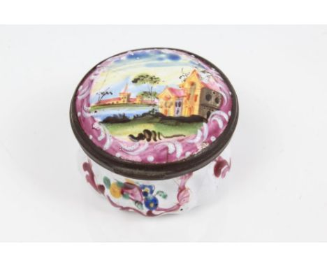 Late 18th century lobed enamel patch box painted with churches and floral decoration, 4.5cm diameter
