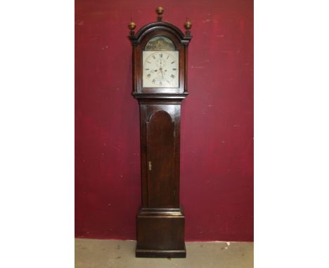 Early 19th century longcase clock with eight day movement, 12 inch painted breakarch dial with brass winding holes and edged 