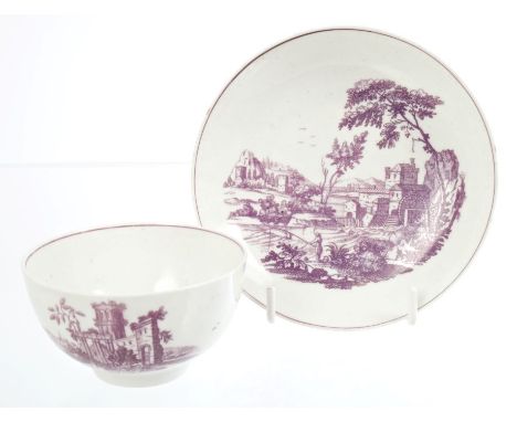 18th century Worcester Hancock purple printed tea bowl and saucer decorated with fishing scenes CONDITION REPORT Very good or