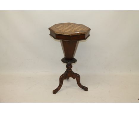 Victorian walnut and parquetry chequerboard inlaid trumpet-form work / games table, the hinged octagonal top enclosing fabic-