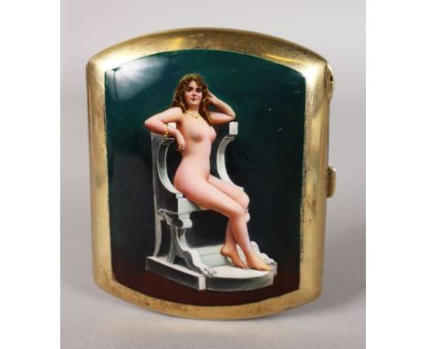 A SUPERB CONTINENTAL SILVER .900 CIGARETTE CASE with an enamel of a nude sitting in her chair.