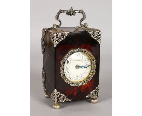 A VERY GOOD TORTOISESHELL AND SILVER MOUNTED REPEATER CARRIAGE CLOCK, retailed by CHENDET CONSTANT, BUDAPEST.  English silver
