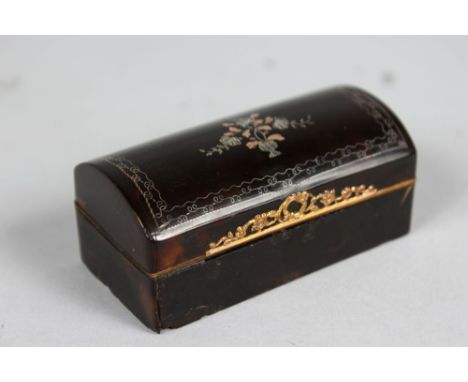 A GEORGIAN TORTOISESHELL DOMED SNUFF BOX, with gold and silver inlay. 2.75ins.