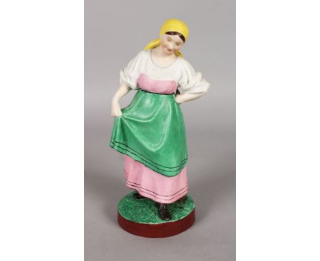 AN ANTIQUE RUSSIAN "GARDNER" PORCELAIN FIGURE OF A DANCING PEASANT WOMAN, yellow head scarf, green apron. Mark in red. Gardne