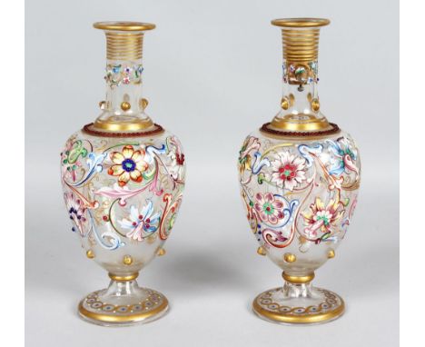 A GOOD PAIR OF VENETIAN BOTTLES with colourful enamel decoration. 8.5ins high.