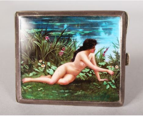 A SUPERB CONTINENTAL SILVER CIGARETTE CASE with an enamel of a nude by a lake.