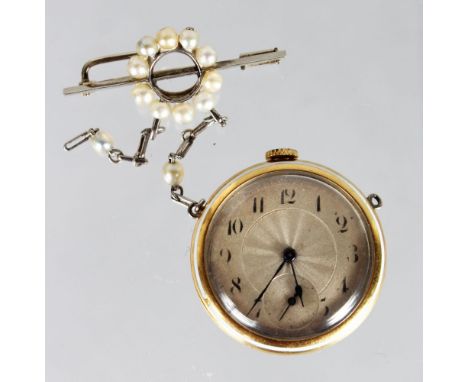 A SUPERB LADIES GOLD, BLUE ENAMEL AND DIAMOND BROOCH WATCH, on a small chain set with seed pearls.