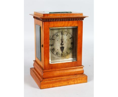 A 19TH CENTURY SATINWOOD CASED MANTLE CLOCK by BENSON, LONDON, with silvered dial and fusee movement.  8ins high.