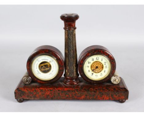 A VICTORIAN SERPENTINE DESK CLOCK BAROMETER AND COMPASS. 11.5ins long.