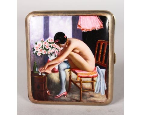 A SUPERB ALPACA CIGARETTE CASE, the lid with an enamel of a nude young lady painting her toenails.