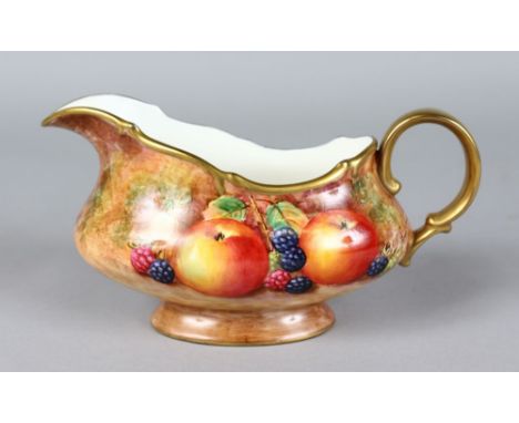 A 20TH CENTURY EX-ROYAL WORCESTER ARTIST FRANK HIGGINS SAUCEBOAT painted with apples and blackberries, signed by handle.