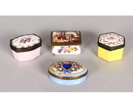 FOUR VARIOUS ENAMEL AND PORCELAIN PILL BOXES.