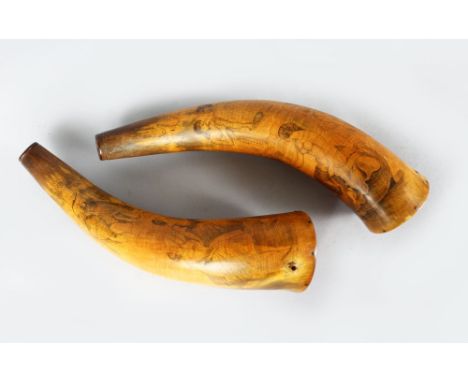 A PAIR OF MAORI FINELY CARVED HORN SCRIMSHAW POWDER FLASKS, 19TH CENTURY, NEW ZEALAND A finely carved pair of powder flasks, 