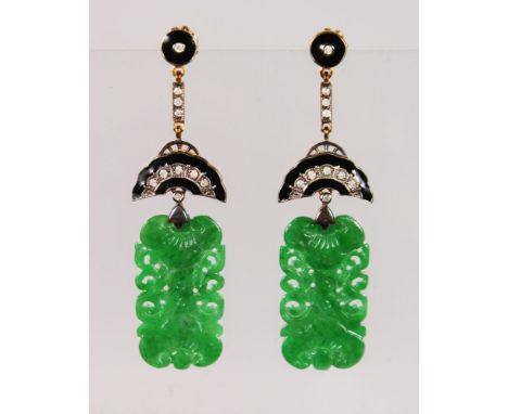 A PAIR OF 9CT GOLD AND SILVER, DIAMOND, JADE AND ENAMEL EARRINGS.