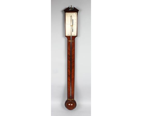 A GOOD GEORGE III MAHOGANY STICK BAROMETER BY DOWNES, YARMOUTH, with silvered dial and herring bone inlay. 3ft 2ins high.