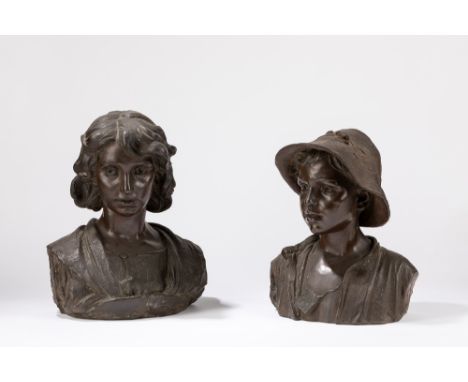 Costantino Barbella (Chieti 1852-Roma  1925)  - Abruzzo shepherds, 1912a pair, bronze sculptures46 x 37 x 25 cm (the shepherd