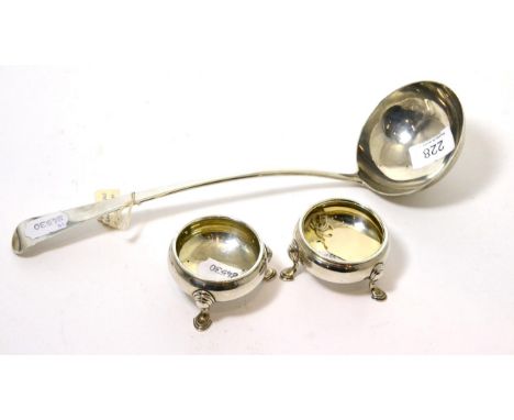 Georgian silver ladle, London 1791 and a two George II silver salt cellars, London 1735 and 1745 (3)