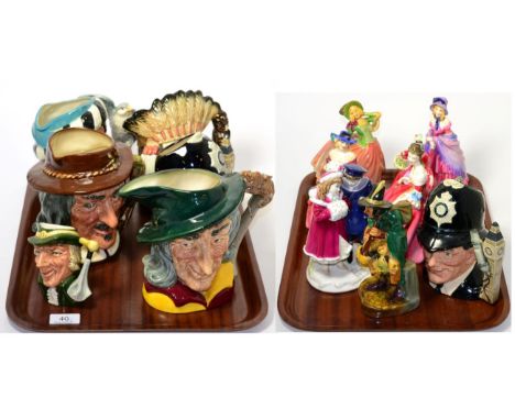 Seven Royal Doulton character jugs, seven Royal Doulton figures, Royal Worcester group and a Royal Worcester candle extinguis