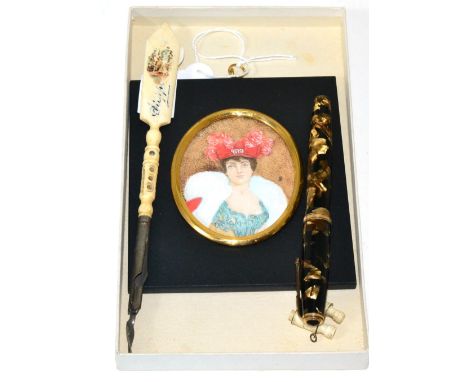 A Miniature portrait of a woman by James Lee-Smith, two Stanhopes and a Parker 14K nib fountain pen
