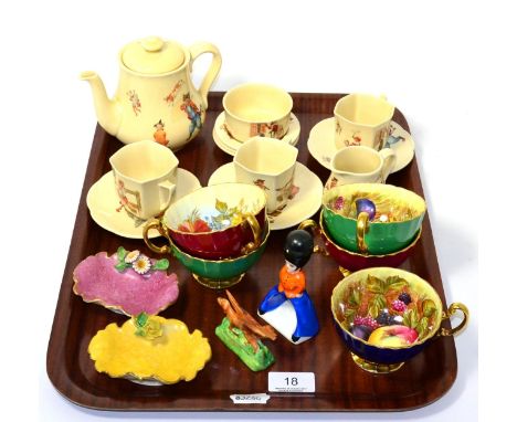 A Royal Doulton child's tea service, five Aynsley fruit and flower decorated tea cups, two Royal Worcester dishes, Crown Staf