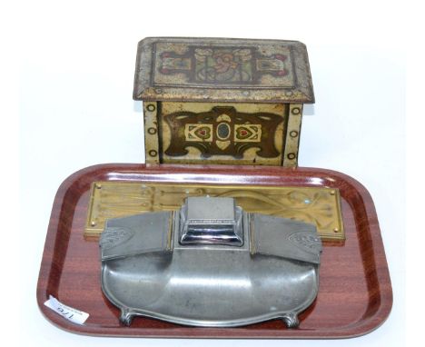 WMF pewter inkwell, model No 517, an Art Nouveau door plate, and a Peek Frean & Co Ltd biscuit tin (3)