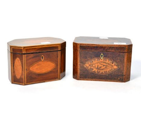 A 19th century burr walnut tea caddy inlaid with shells and a satinwood tea caddy (2)