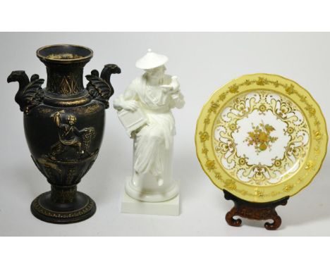 Royal Worcester white glazed china figure, 'L'oiseau' Derby porcelain cabinet plate with wood stand and pottery vase (3) 