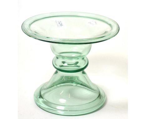 A green tinted glass ham stand, 19th century of hollow bobbin form with folded rims, 19.5cm high