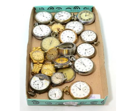 Three Bulova wristwatches, Seiko chronograph wristwatch, ATP military wristwatch, Omega pocket watch, three stopwatches, nine