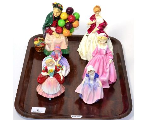 Royal Doulton 'Old Balloon Seller' HN1315, three Royal Doulton figures 'Valerie', 'Monica' and 'Dinky Do' and two Royal Worce