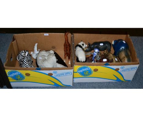 Collection of Melba ware and other ceramic animals, Japanese carved wood lion dog and pups and other ceramics (in two boxes)