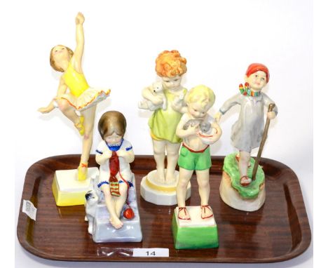 Five Royal Worcester figures 'Tuesday's Child Is Full Of Grace' 3534, 'Wednesday Knows Little Woe' 3521, 'Thursday;s Child Ha