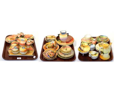 Three trays of Noritake orange and yellow ground wares including trinket dishes, vases, dressing table items etc