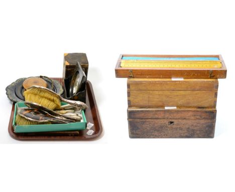 Silver backed dressing table items, silver handled tea knives, papier mache cake basket, portrait miniature, a rosewood box, 
