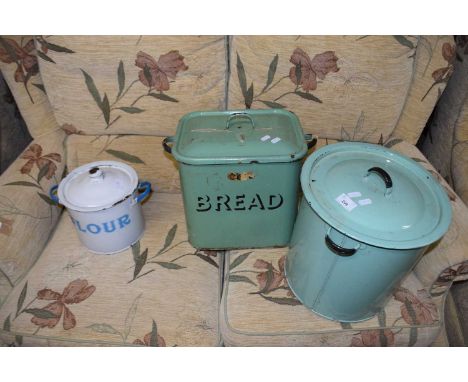 Enamel bread bin, an enamel flour bin and one other (3)